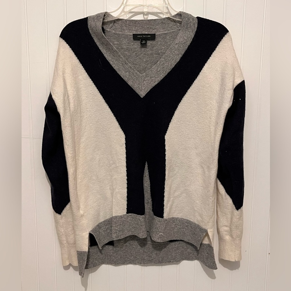 Ann Taylor Cream and Gray V-Neck Sweater